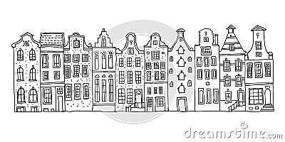 Amsterdam vector sketch hand drawn illustration. Cartoon outline houses facades in a row Vector Illustration